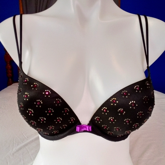 Victoria's Secret Very Sexy Rhinestone Jewel Encrusted Black Push Up Bra 34C - Picture 1 of 11